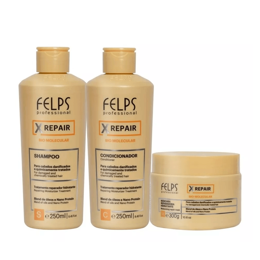 Felps, Kit Xrepair Biomolecular, 2x250ml 8.4 oz + 300g 10.58 oz - BUY BRAZIL STORE